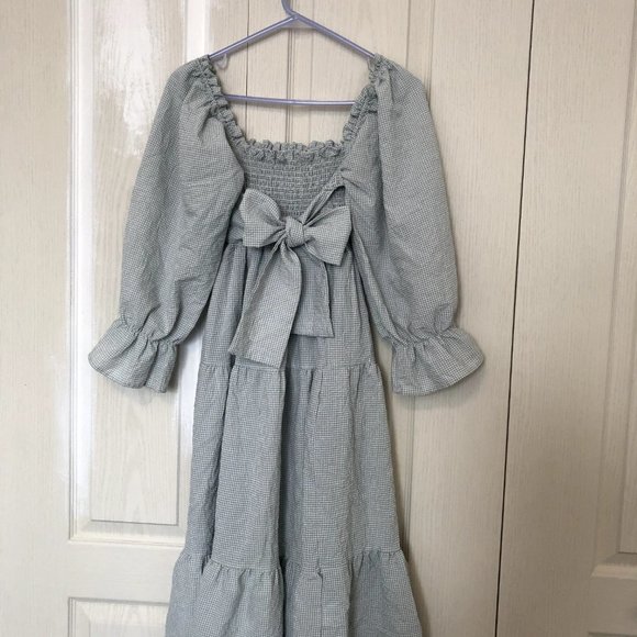 Shirred smocked bodice Midi Dress plaid green - Picture 6 of 9